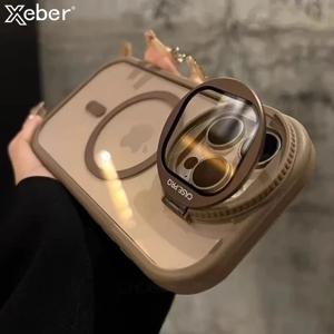 iPhone 15 11 12 13 14 16 Pro Max Plus 투명 커버 용 Magsafe 마그네틱 케이스 용 카메라 렌즈 보호 플립 브래킷 스탠드