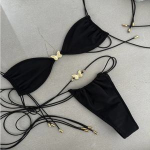 섹시한 비키니 2024 여성용 수영복 나비 수영복 브라질 비키니 세트 Biquini 여성 수영복 Bandeau Black Beachwear