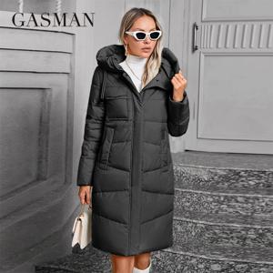 GASMAN 2024 여성용 다운 재킷, 롱 클래식 지퍼 디자인, 빅 포켓 스탠드 칼라, 후드 슬림 코트, 여성 파카 GM-83511