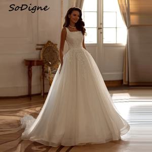 SoDigne A 라인 얇은 명주 그물 웨딩 드레스, 스퀘어 칼라 민소매 아플리케, 신부 원피스 신부 가운, 맞춤형 브래지어