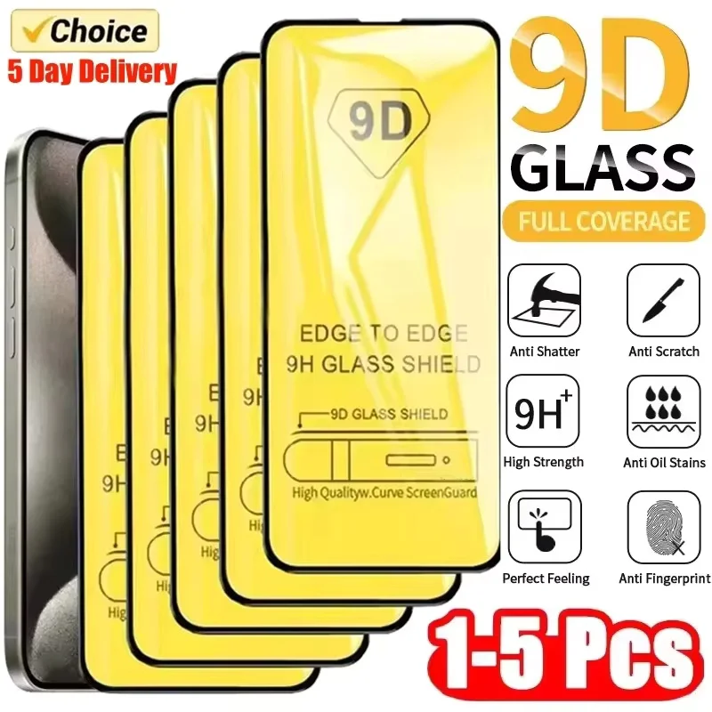 1-5PCS iPhone 11 12 13 14 15 16 Pro Max 16E 화면 보호기 iPhone 13 Mini XR X XS MAX 용 9D 풀 커버 강화 유리