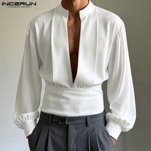 INCERUN 남성 셔츠 패션 솔리드 컬러 탑 V 넥 빈티지 남성 의류 파티 탑 streetwear 특대 여름 봄 블라우스