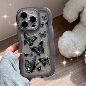럭셔리 반짝이 별이 빛나는 하늘 나비 수지 불규칙한 물결 모양의 가장자리 전화 케이스 iPhone 11 12 13 14 15 16 Pro Max + Plus Anti-drop