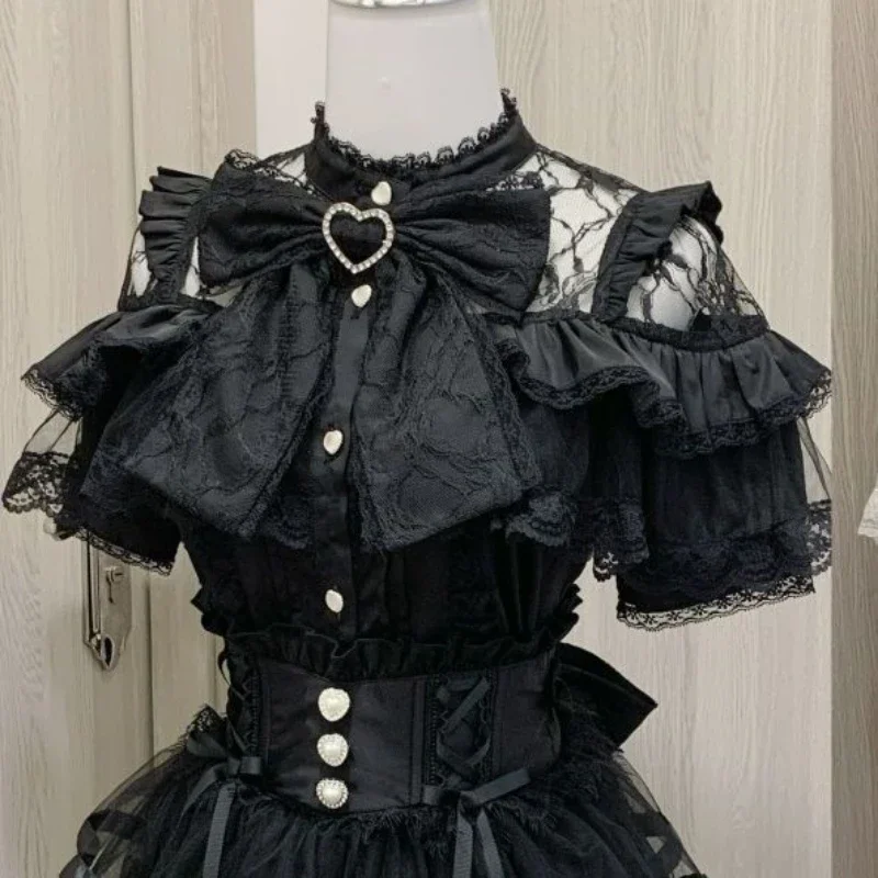 일본 카와이 로리타 레이스 패치 워크 여성 블라우스 2025 여름 하라주쿠 싱글 브레스트 스위트 셔츠 Girly JK Bow Tops & Tees