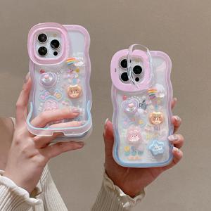 만화 3D 브래킷 폰 홀더 케이스 (아이폰 16 15 14 13 12 11 Pro Max Plus X XS XR 레인보우 러브 하트 홀더 스탠드 커버)