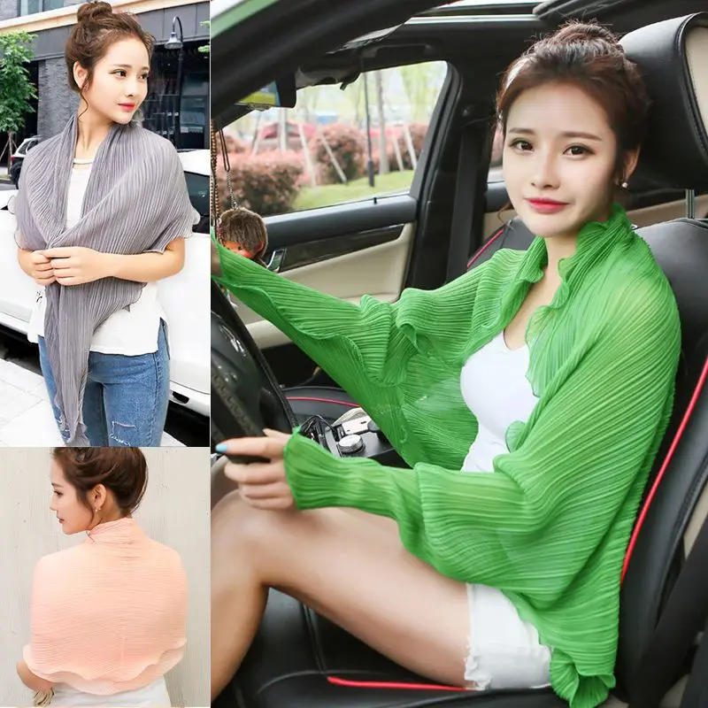 여름 신상 여성 쉬폰 햇빛 가리개 통기성 운전 다용도 플리츠 숄 실크 스카프 사이클링 비치웨어 가디건 여름
