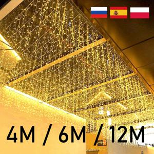12M LED 고드름 문자열 조명 요정 커튼 크리스마스 조명 갈 랜드 야외 정원 파티 홈 스트리트 2024 신년 장식