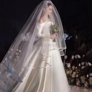 리본 가장자리 웨딩 베일 Tulle Long Bridal Veil 두 레이어 신부 베일 긴 신부 파티 베일 웨딩 액세서리 맞춤형
