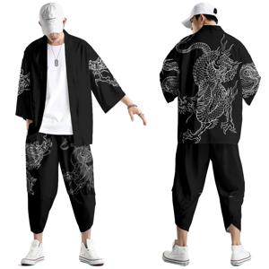 하라주쿠 탑 로브 패션 아시아 옷 애니메이션 악마 프린트 기모노 + 바지 일본 streetwear 남성 여성 카디건 코스프레 하오리