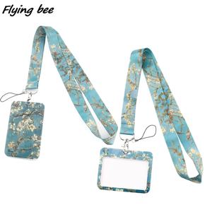 Flyingbee X1989 반 고흐 아몬드 꽃 패션 카드 홀더 ID 홀더 버스 카드 홀더 직원 카드 매는 밧줄 키 전화 교수형 밧줄