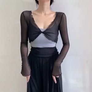 패션 우아한 여성 섹시한 솔리드 가디건을 통해 볼 긴 소매 메쉬 빈티지 레이스 업 자르기 탑 streetwear 짧은 가디건