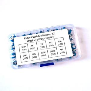 100 개/상자 RM065 전위차계 가변 저항기 키트 500 Ohm -1M Ohm 트리머 전위차계 가변 저항기 세트 1K 10K 100K