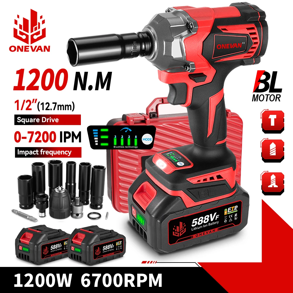 ONEVAN 1200N.M 브러시리스 전기 임팩트 렌치 1/2인치 무선 스크루드라이버 렌치 파워툴 (마키타 18V 배터리 핀용)