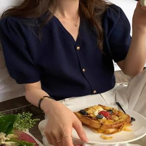 슬림핏 숏 니트 오픈 가디건 여성 여름 얇은 스타일 V넥 랜턴 소매 패셔너블 슬리밍 숏탑