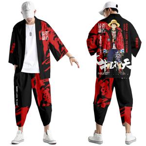 투피스 양복 특대 XXS-6XL 일본식 패션 기모노와 바지 세트 남성 카디건 블라우스 하오리 오비 아시아 옷