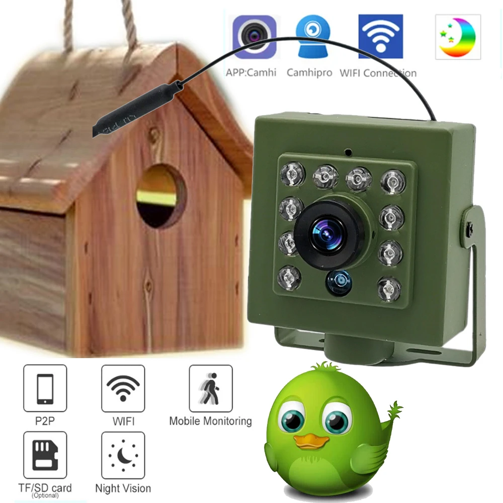 녹색 Wifi 버드 박스 카메라 오디오 1920P 1080P IR 컷 나이트 비전 RTSP FTP 미니 IP IPC 애완 동물 둥지 조류 관찰 2.8mm 렌즈 Camhi