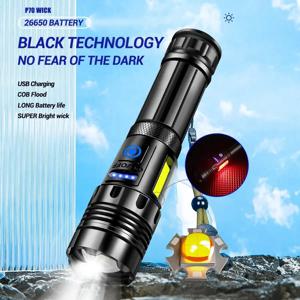 슈퍼 밝은 XHP70 강력한 Led 손전등 보조베터리 토치 라이트 COB 램프와 USB 충전식 캠핑 전술 손전등