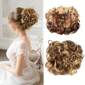 빗이 달린 지저분한 롤빵 Scrunchie Chignon 헤어피스 곱슬 접시 머리 롤빵 확장 빗 여성용 지저분한 롤빵 헤어 피스 소녀