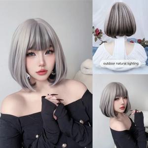 앞머리 짧은 내추럴 스트레이트 헤어 여성용 합성 가발, 내열 실버 그레이 및 블랙 로리타 스페셜 스타일, 12 인치