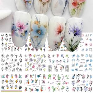 12pcs 기하학 꽃 잎 네일 스티커 라인 낙서 페인트 다채로운 물 데칼 링크 네일 장식을위한 피는 슬라이더