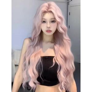 롱 바디 웨이브 블랙과 핑크 코스프레 가발 내열성 합성 가발 중간 부분 자연 일일 사용 로리타 가발 여성용 가발