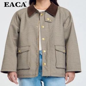 EACA Simple Temperament 2024 봄, 가을 새로운 여성 캐주얼 다목적 격자 무늬 옷깃 대조 칼라 자켓 자켓