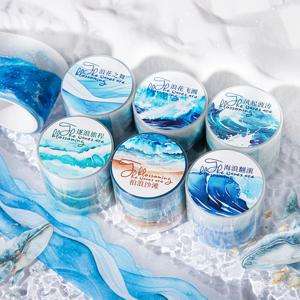 40mm * 2m 오션 웨이브 테마 PET 테이프 INS 마스킹 접착제 크리 에이 티브 장식 스크랩북 용품 DIY 플래너 오피스 문구 스티커