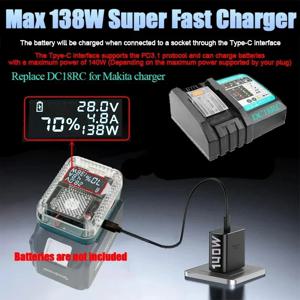 디지털 디스플레이 리튬 배터리 어댑터 컨버터, M18 충전기, USB C타입 보조배터리, 마키타, 디월트, 밀워키용, 138W