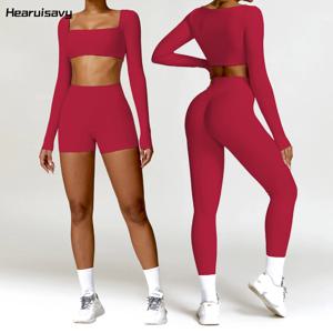 Hearuisavy 2PCS 긴 소매 체육관 세트 여성 요가 의류 빠른 건조 운동복 러닝 레깅스 운동 스포츠 자르기 탑 여성
