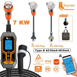 Feyree 휴대용 EV 충전기, AU 플러그 전원 공급 장치 측면, 스마트 와이파이 앱, EV 자동차용 전류 타이밍 조정 충전, 타입 2, 32A, 7KW