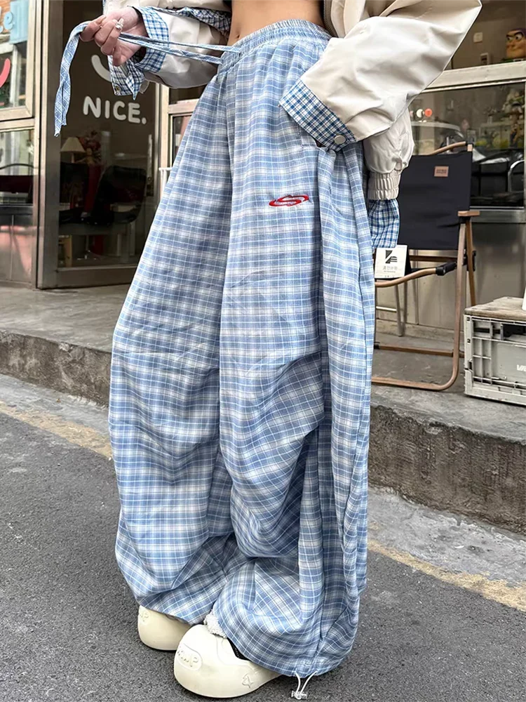 Y2K 여성 streetwear 하라주쿠 빈티지 블루 격자 무늬 바지 acubi 캐주얼 하이 웨이스트 스웨트 팬츠 와이드 레그 헐렁한 바지 2000 년대 의류
