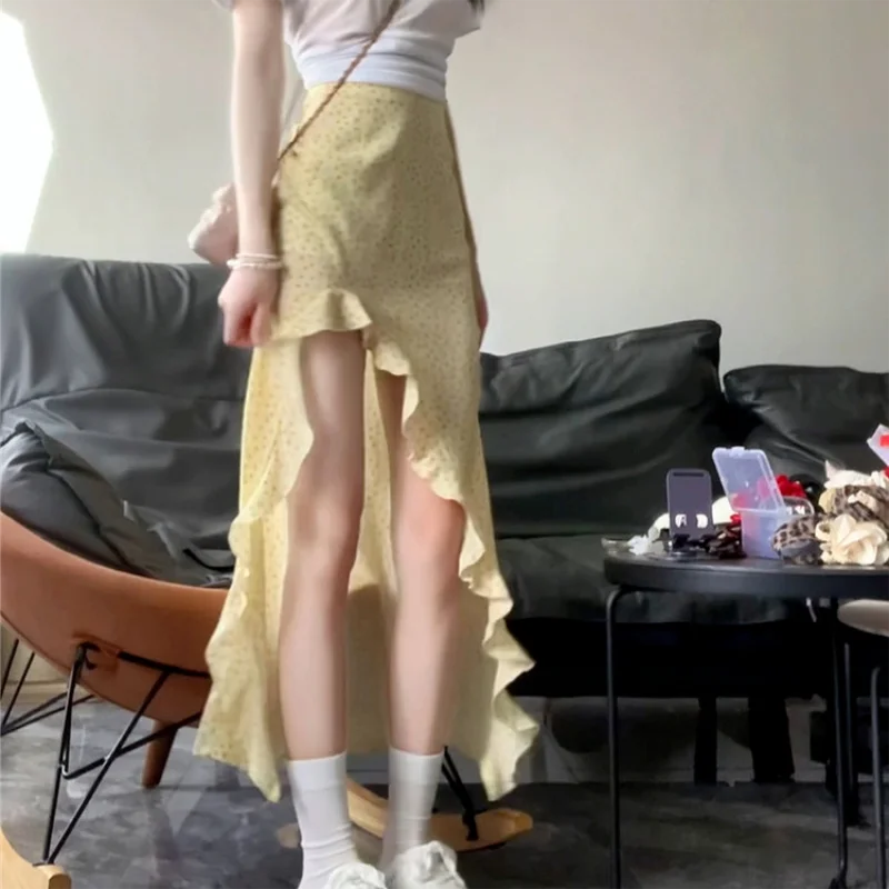 여성을위한 프릴 꽃 치마 여름 중반 긴 높은 허리 스커트 빨간색 불규칙한 섹시한 스플릿 스커트 패션 Beachwear Y2k 의류