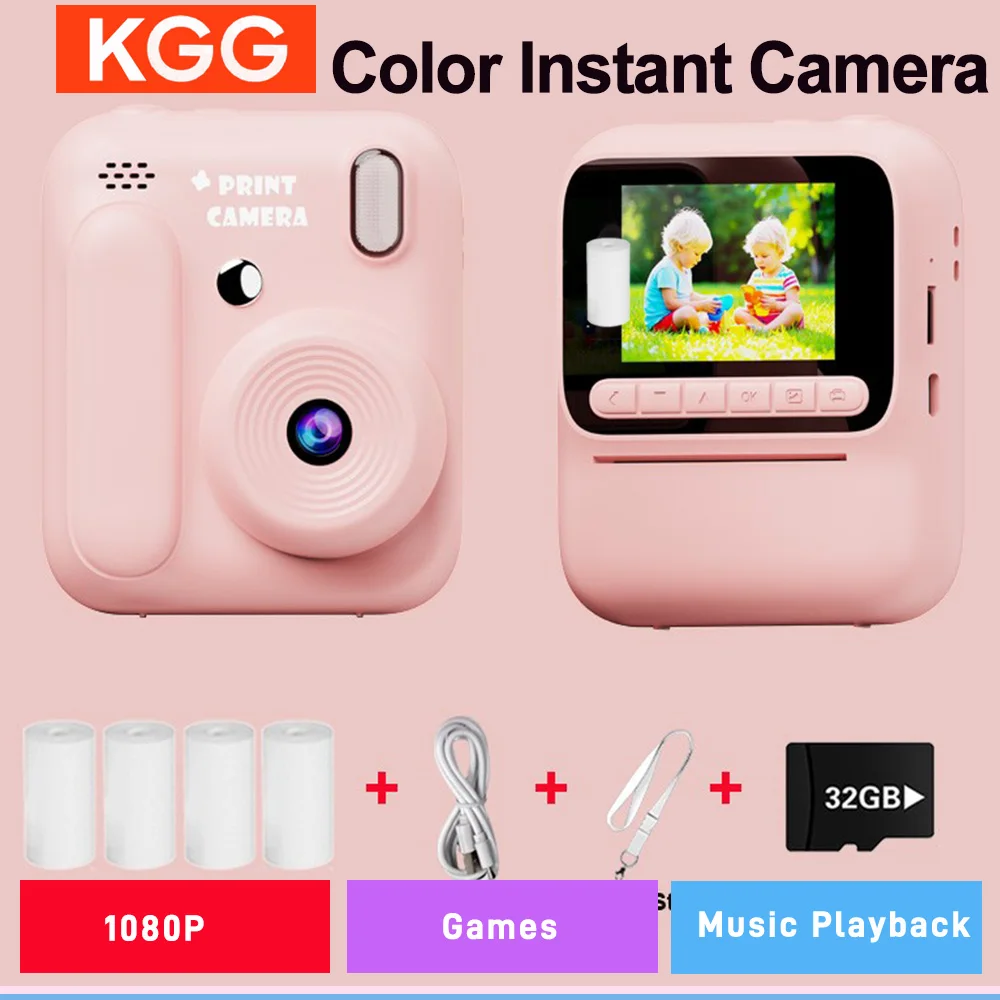 어린이 컬러 즉석 카메라 5색 인쇄 카메라 32GB 1080P 감열 프린트 장난감 카메라 사진 비디오 게임 어린이 선물
