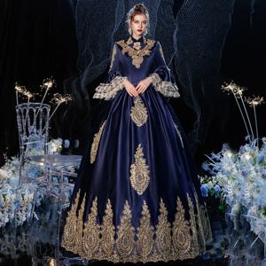 네이비 블루 중세 복고풍 코트 드레스 귀족 여성 사진 작가 여성 여왕 영국 럭셔리 디너 Vestido Festa Luxuoso