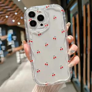레드 체리 러브 하트 패턴 투명 폰 케이스 (아이폰 16, 15, 14, 13, 12, 11 Pro Max, XS, X, XR, 7, 8 Plus, 16e) 충격 방지 범퍼 커버