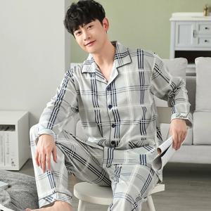 남성 잠옷 세트 코튼 봄 긴 소매 인쇄 남성 잠옷 정장 가을 Nightwear 칼라 Pijama 남성 잠옷 두 조각 4XL