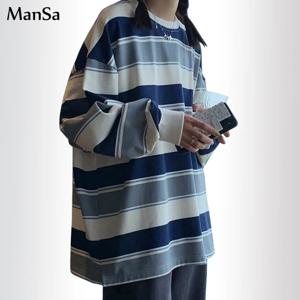 봄 가을 스트라이프 후드 여성 패션 긴 소매 까마귀 스웨터 하라주쿠 점퍼 코튼 풀오버 캐주얼 오버 사이즈 코트