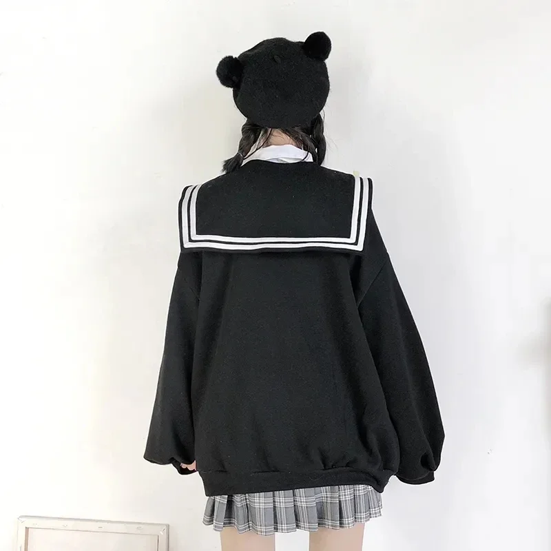 Deeptown Kawaii 지퍼 업 후드 블랙 일본 프레피 스타일 선원 칼라 스웨터 스위트 로리타 코트 루즈 귀여운 탑 소프트 소녀