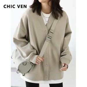 CHIC VEN 한국 가을 겨울 여성 스포츠 코트 캐주얼 느슨한 v 넥 스웨터 여성용 두꺼운 따뜻한 탑 Office Lady 여성