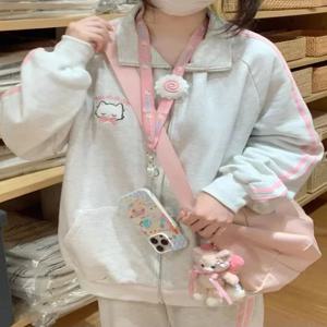 HOUZHOU 일본 패션 카와이 지퍼 까마귀 여성 하라주쿠 귀여운 핑크 고양이 자수 대형 후드 티셔츠 겨울 2023