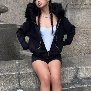 고스 다크 가짜 모피 칼라 후드 지퍼 업 후드 고딕 그런지 포켓 가을 블랙 자켓 여성 Y2k streetwear egirl Cardigans