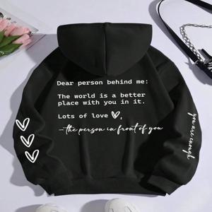 내 뒤에 친애하는 사람 편지 그래픽 인쇄 Hoody 여성 패션 부드러운 운동복 가을 따뜻한 양털 후드 캐주얼 루즈 탑