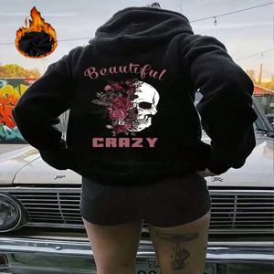 아름다운 미친 해골과 꽃 인쇄 후드 거리 여성 스웨터 양털 따뜻한 풀오버 Crewneck 느슨한 여성 의류