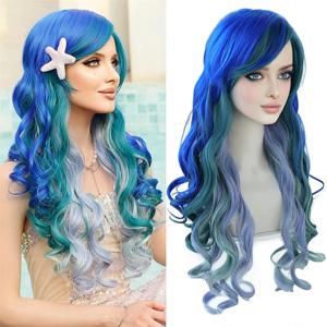 HAIRJOY 긴 물결 모양의 파란색 녹색 인어 가발, 곱슬 아리엘 작은 인어 가발, 파티 코스프레 가발, 여성 및 소녀 복장