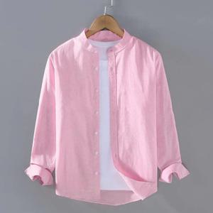 아마 남성용 스탠드 칼라 긴팔 셔츠, 코튼 린넨 셔츠, 빈티지 휴가 셔츠, 용수철 및 여름 유행