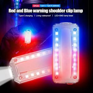 자전거 LED 라이트 USB 충전식 사이클링 미등 헬멧 램프 숄더 클립, 레드 블루 경고 손전등, 캠핑 달리기용