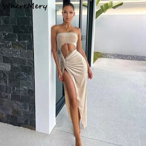 WhereMery 섹시한 민소매 슬릿 드레스 중공 우아한 스키니 여성 롱 드레스 여름 2024 패션 숙녀 파티 클럽 Vestidos