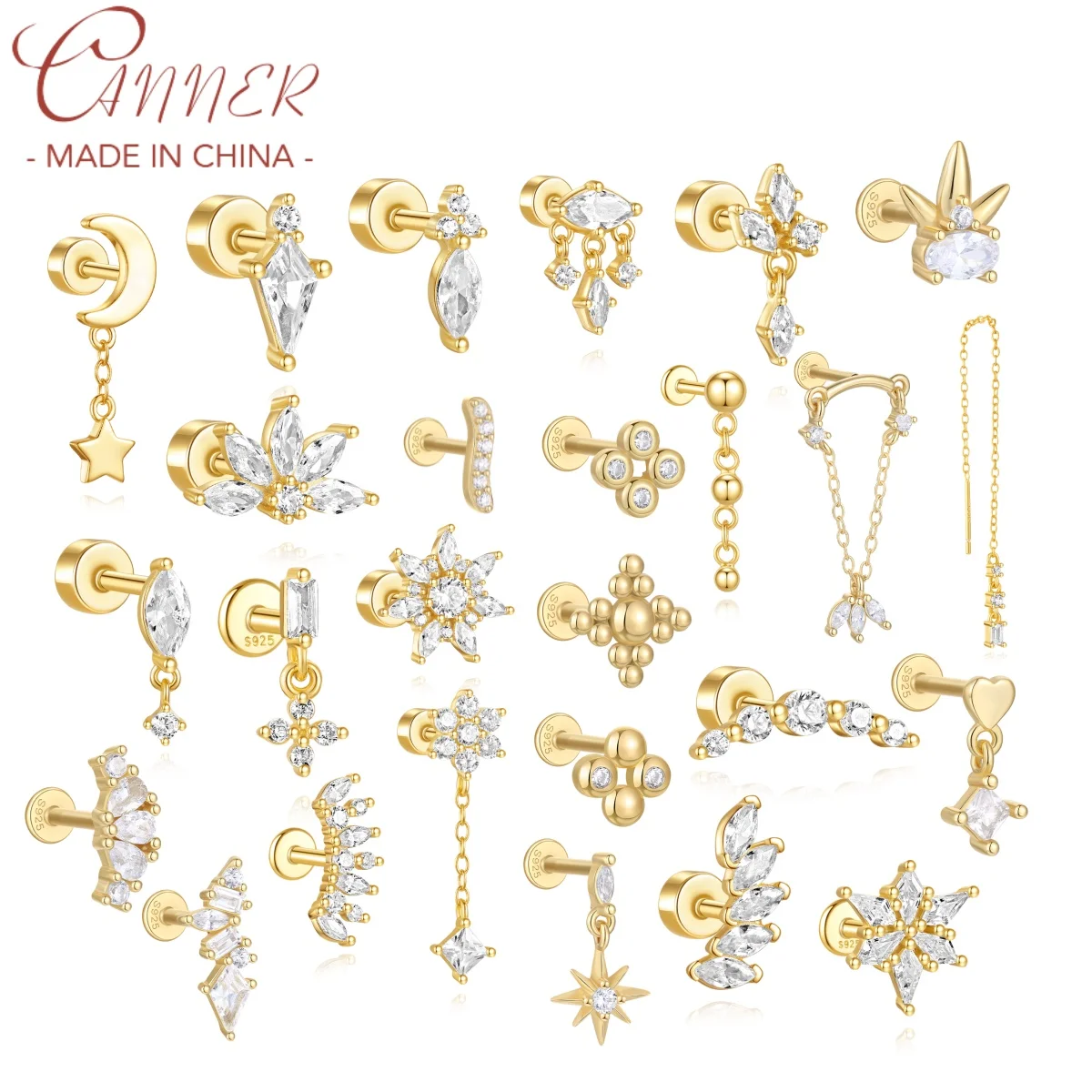 CANNER 1Pc 925 실버 부드러운 별 문 스터드 귀걸이 여성을위한 18K 골드 플랫 헤드 스레드 펑크 귀 뼈 Ins 파인 쥬얼리