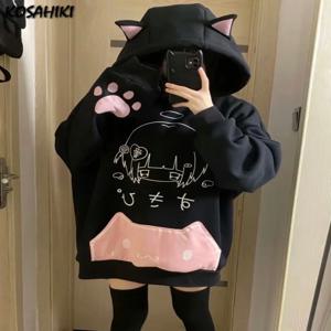 일본 만화 프린트 양털 후드 여성 하라주쿠 고딕 고양이 귀 후드 빈티지 Hoody streetwear Y2k 미적 운동복