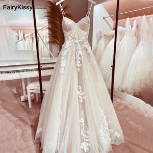 FairyKissy 섹시한 스파게티 스트랩 누드 메쉬 시스루 노출 본 웨딩 드레스, 백리스 공주 레이스 신부 원피스